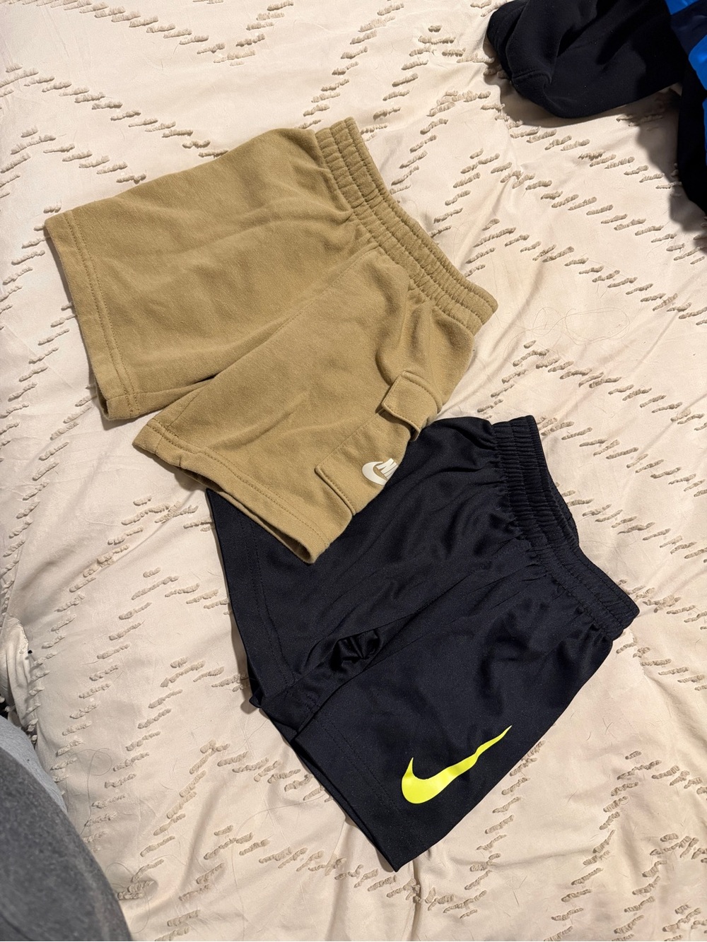 Nike Kids Two-Pack Shorts in Black and Khaki with Yellow Swoosh
